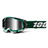 Studio image highlighting 100%, Racecraft 2.0 Goggle (Mirror Lens), Goggles, SKU 26013079, color options Arbis, Mirror Silver Lens, Mayfair, Mirror Silver Lens, Maho, Silver Flash Lens, Concordia, Mirror Blue Lens, Airblast, Mirror Silver Lens, Blue, Mirror Blue Lens, Fremont, Mirror Blue Lens, Red, Mirror Red Lens and more