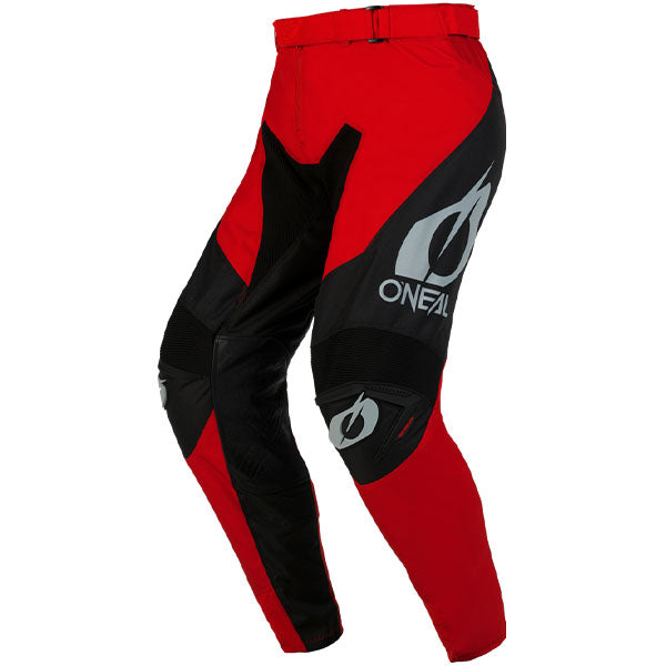 High-resolution studio image of O'Neal, Mayhem Hexx V.23 Pants, SKU M022-328, color options Red/Black, Blue/Orange, Grey/Neon, Black/White, sizes 28–42