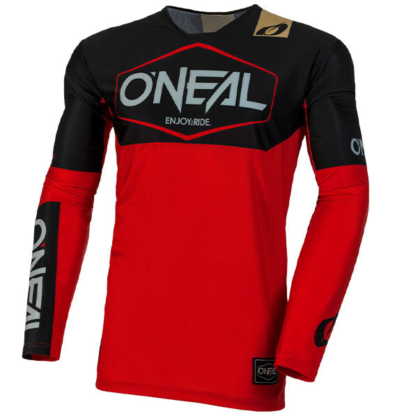 Detailed studio photograph of O'Neal, Mayhem Hexx V.23 Jersey, SKU M004-302, color options Red/Black, Blue/Orange, Grey/Neon, Black/White, Black/Grey, sizes XL–2X