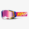 Studio photo of 100%, Racecraft 2.0 Goggle (Mirror Lens), Goggles, SKU 26013213, color options Arbis, Mirror Silver Lens, Mayfair, Mirror Silver Lens, Maho, Silver Flash Lens, Concordia, Mirror Blue Lens, Airblast, Mirror Silver Lens, Blue, Mirror Blue Lens, Fremont, Mirror Blue Lens, Red, Mirror Red Lens and more