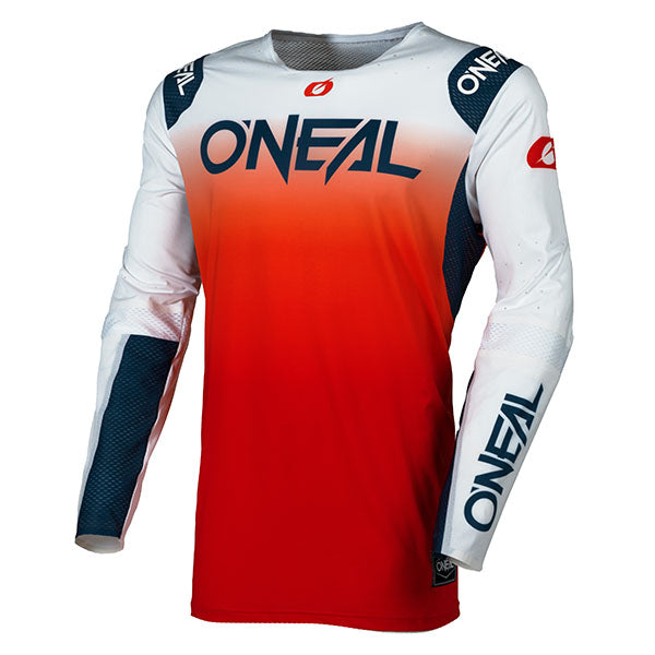 High-resolution studio image of O'Neal, Prodigy Jersey, SKU P001-212, color options Orange/White, Blue/Pink, Blue/Neon, sizes XL–2X