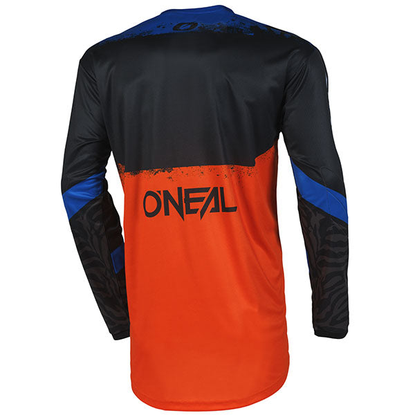 Detailed studio photograph of O'Neal, Element Shocker V.25 Jersey, SKU E006-133, color options Black/Red, Black/Orange, sizes XL–2X