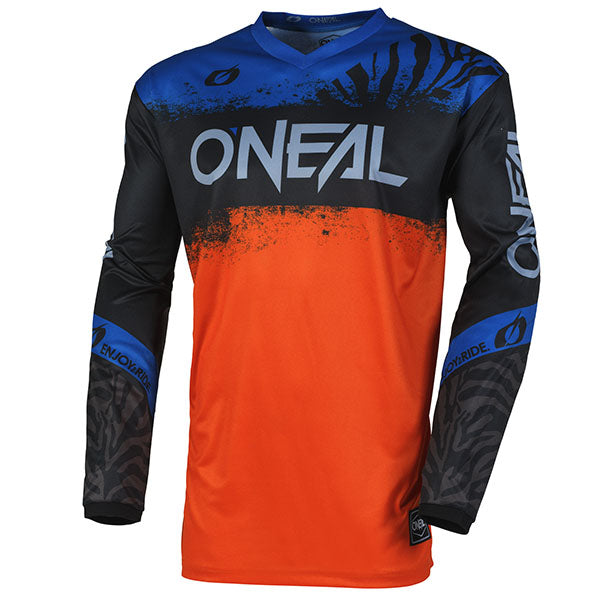 Studio product photo on a neutral background of O'Neal, Element Shocker V.25 Jersey, SKU E006-114, color options Black/Red, Black/Orange, sizes XL–2X