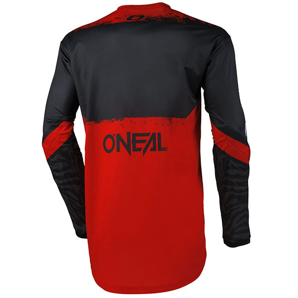Studio image highlighting O'Neal, Element Shocker V.25 Jersey, SKU E006-132, color options Black/Red, Black/Orange, sizes XL–2X