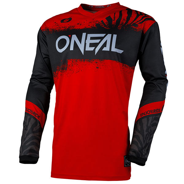 Studio image highlighting O'Neal, Element Shocker V.25 Jersey, SKU E006-113, color options Black/Red, Black/Orange, sizes XL–2X