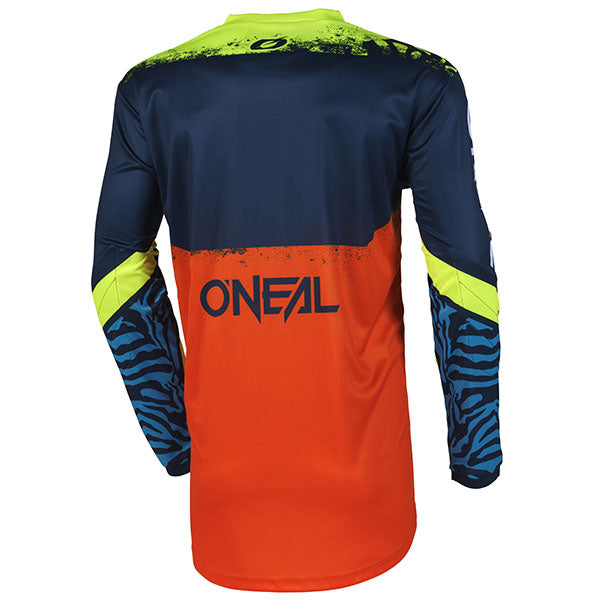 Detailed studio photograph of O'Neal, Element Shocker V.25 Jersey (Youth), SKU E006-162, color options Blue/Orange, sizes Y-XS, Y-SM, Y-MD, Y-LG, Y-XL