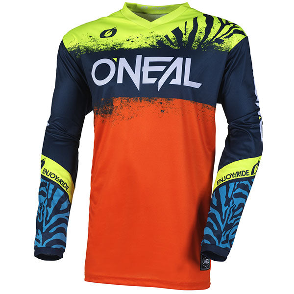 Studio product photo on a neutral background of O'Neal, Element Shocker V.25 Jersey (Youth), SKU E006-163, color options Blue/Orange, sizes Y-XS, Y-SM, Y-MD, Y-LG, Y-XL