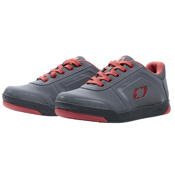 Clean studio photo on a white background of O'Neal, Pinned Flat Pedal Shoe (MTB) Mountain Bike, Shoes, SKU 322-327, color options Grey/Red, Black, sizes 7–13