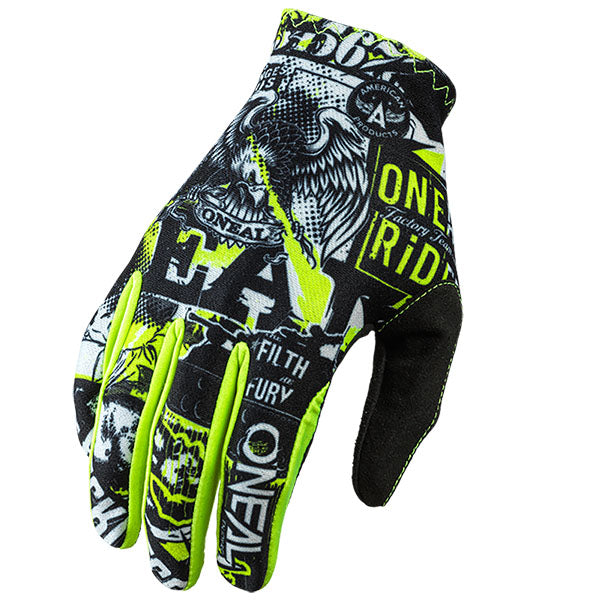 Clean studio photo on a white background of O'Neal, Matrix Attack Glove, Offroad Gloves, SKU 0391-208, color options Black/Neon Yellow, sizes XL–2X