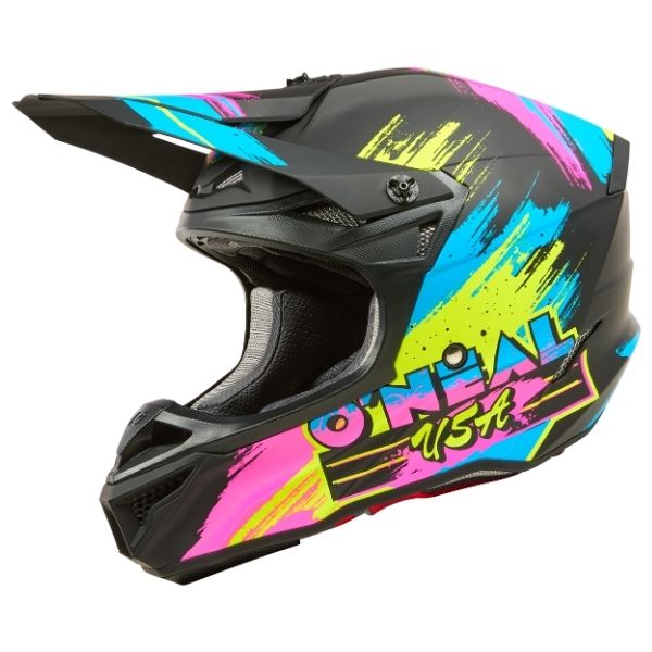 Studio image highlighting O'Neal, 5 Series Reseda Helmet, SKU 0628-521, color options Black/Neon, sizes XS–2X