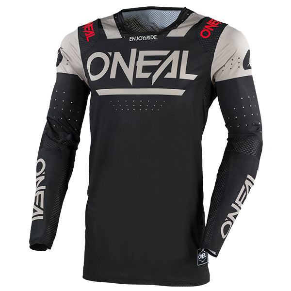 Detailed studio photograph of O'Neal, Prodigy LE V.25 Jersey, SKU P001-012, color options Black/Grey, Black/Blue, sizes XL–2X