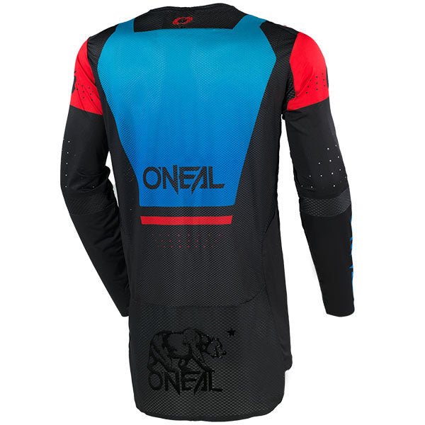 Studio photo showcasing O'Neal, Prodigy LE V.25 Jersey, SKU P001-015, color options Black/Grey, Black/Blue, sizes XL–2X
