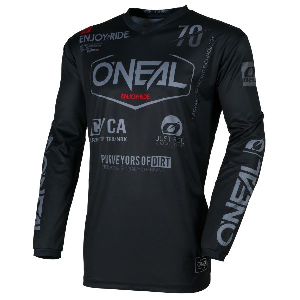 Studio image highlighting O'Neal, Element Brand Jersey, SKU E007-112, color options Black/Grey, sizes XL–2X