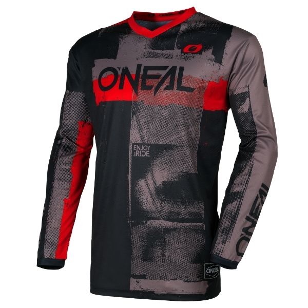 Studio product photo on a neutral background of O'Neal, Element Roller Jersey, SKU E007-212, color options Grey/Red, Black/White, Blue/Orange, sizes XL–2X