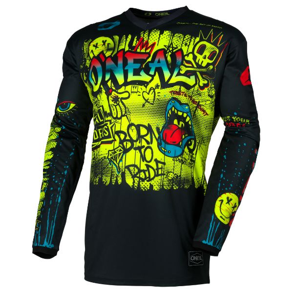 High-resolution studio image of O'Neal, Element Rancid Jersey (Youth), SKU E007-501, color options Black/Neon, sizes Y-XS, Y-SM, Y-MD, Y-LG, Y-XL