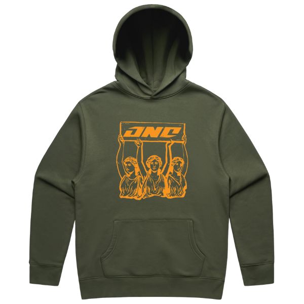 Studio photo on a white background of One Industries LS25 Z002 01 Mythology Hoodie green, showing overall shape, materials, and visible design details