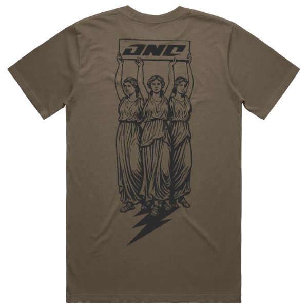 Professional studio photo of One Industries Mythology Tee; showing tee fit, printed graphics, and crew neckline; SKU Z003-6; Colors: Walnut, Cypress