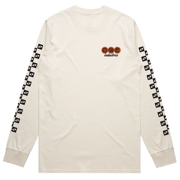 Studio photo on a white background of One Industries Complication Long Sleeve Tee; showing long-sleeve cut, printed graphics, and crew neckline