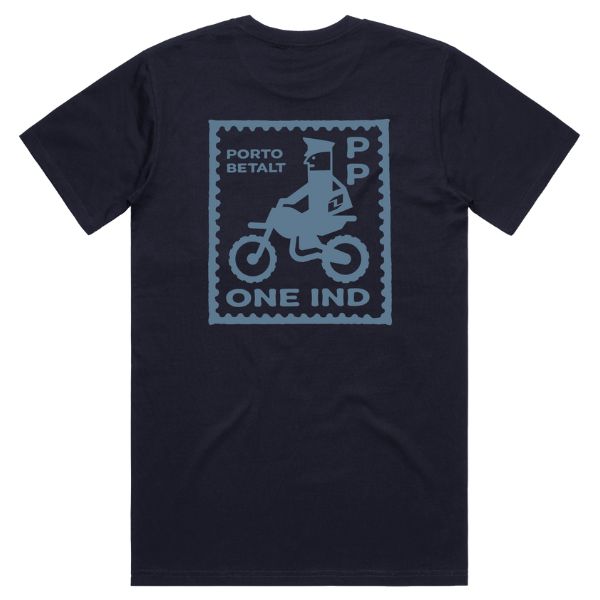 Clean studio shot of One Industries Posty Tee; showing tee fit, printed graphics, and crew neckline; SKU Z003-5; Colors: Petrol Blue; Sizes: S-2XL