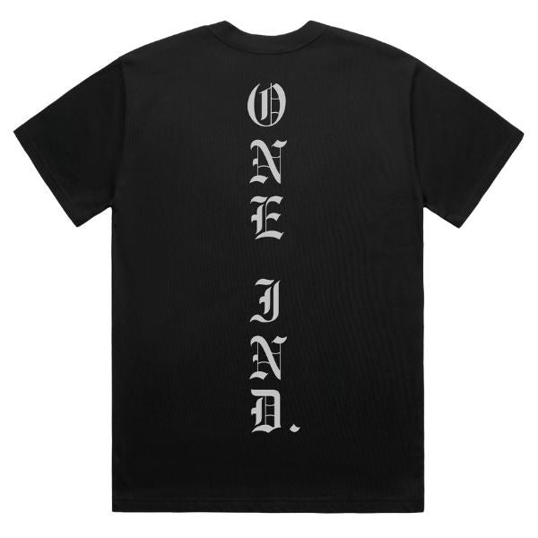 Clean studio shot of One Industries 12 O'Clock Tee; showing tee fit, printed graphics, and crew neckline; SKU Z003-5; Colors: Black; Sizes: S-2XL
