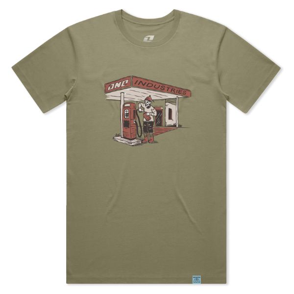Clean studio shot of One Industries Station Tee; showing tee fit, printed graphics, and crew neckline; SKU Z003-K0; Colors: Olive, Bone, Black