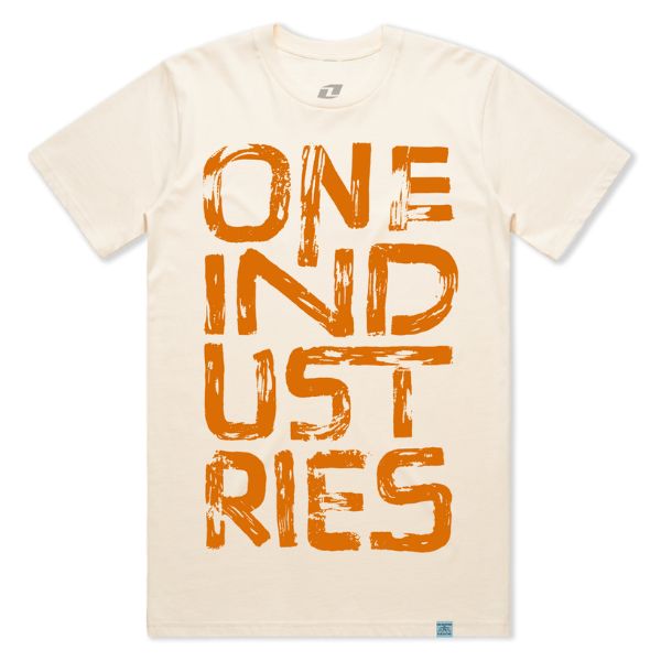 Clean studio shot of One Industries Strokes Tee; showing tee fit, printed graphics, and crew neckline; SKU Z003-K0; Colors: Sand, Faded Black