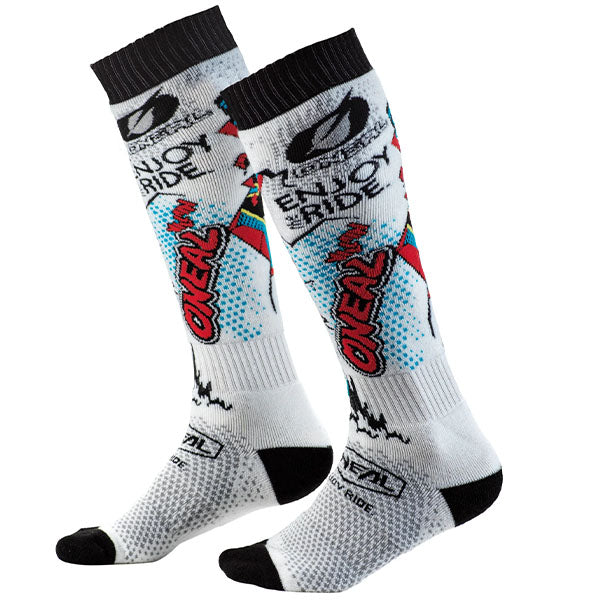Studio image highlighting O'Neal, Pro MX Villain Socks, SKU 0356-742, color options White, Grey