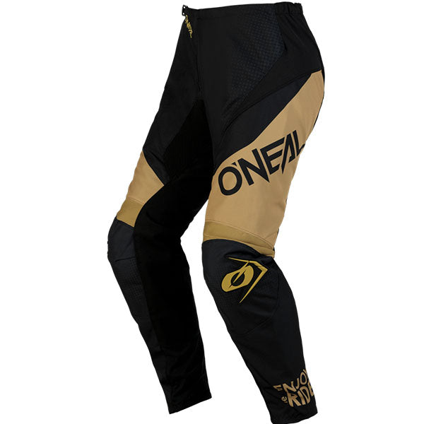 Studio image highlighting O'Neal, Element Racewear V.23 Pants, SKU E022-0040, color options Black/Blue, Black/Red, Black/Grey, Black/Sand, sizes 28–52