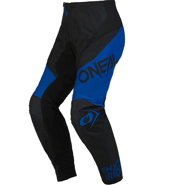 Studio image highlighting O'Neal, Element Racewear V.23 Pants, SKU E022-0028, color options Black/Blue, Black/Red, Black/Grey, Black/Sand, sizes 28–52