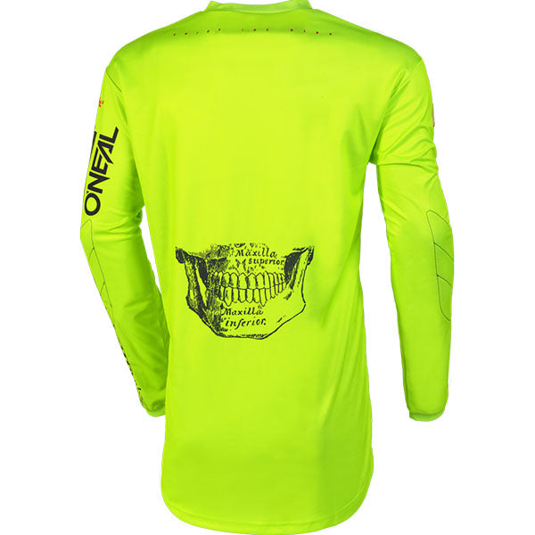 Catalog studio image of O'Neal, Element Attack V.23 Jersey (Youth), SKU E004-472, color options Black/Neon, sizes Y-XS, Y-SM, Y-MD, Y-LG, Y-XL