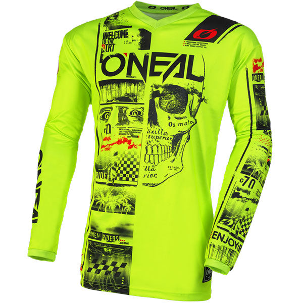 High-resolution studio image of O'Neal, Element Attack V.23 Jersey (Youth), SKU E004-473, color options Black/Neon, sizes Y-XS, Y-SM, Y-MD, Y-LG, Y-XL