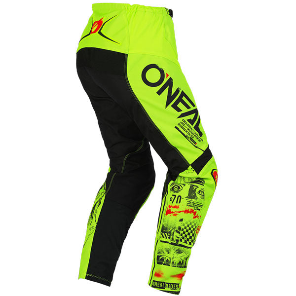 Catalog studio image of O'Neal, Element Attack V.23 Pants (Youth), SKU E022-4620, color options Black/Neon, sizes Y-18, Y-20, Y-22, Y-24, Y-26, Y-27