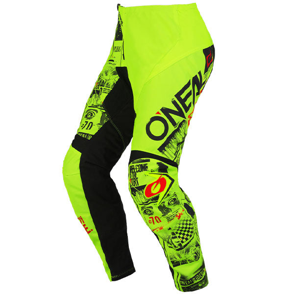 High-resolution studio image of O'Neal, Element Attack V.23 Pants (Youth), SKU E022-4618, color options Black/Neon, sizes Y-18, Y-20, Y-22, Y-24, Y-26, Y-27