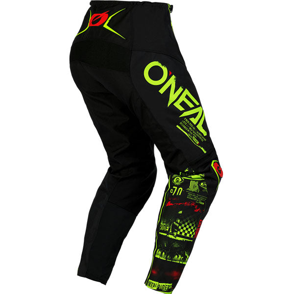 High-resolution studio image of O'Neal, Element Attack V.23 Pants, SKU E022-4234, color options Black/Neon, sizes 28–42
