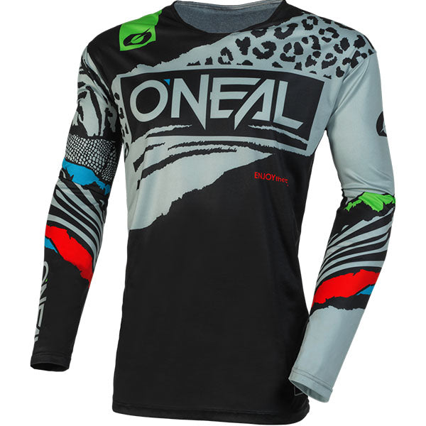 Studio product photo on a neutral background of O'Neal, Mayhem Wild V.23 Jersey, SKU M004-702, color options Black/Grey, Black/White, sizes XL–2X