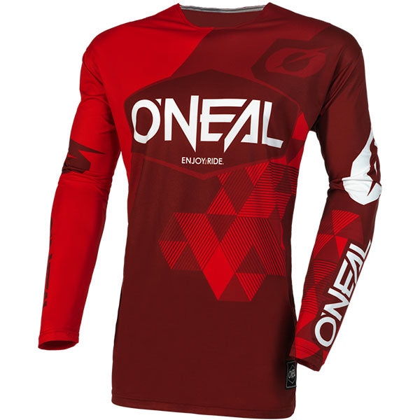 Studio photo showcasing O'Neal, Mayhem Covert V.23 Jersey, SKU M004-505, color options White, Red, Black/Grey, Green, sizes XL–2X