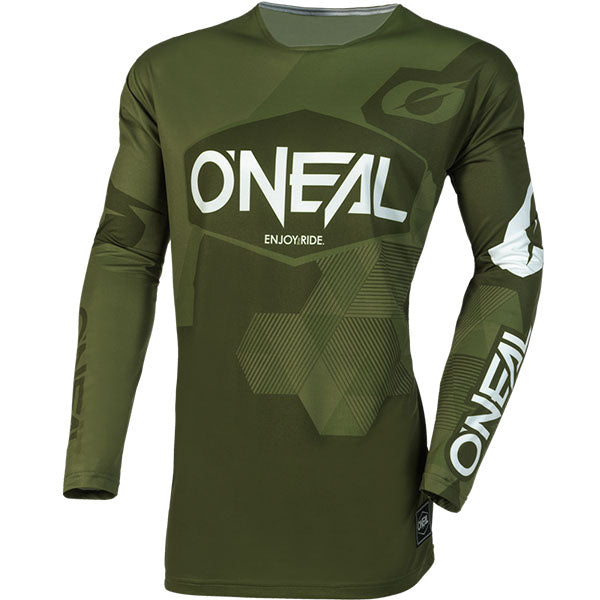 Studio image highlighting O'Neal, Mayhem Covert V.23 Jersey, SKU M004-535, color options White, Red, Black/Grey, Green, sizes XL–2X
