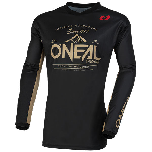 Studio image on a white background of O'Neal, Element Dirt V.23 Jersey, SKU E004-612, color options Black/Sand, Black/Grey, sizes XL–2X