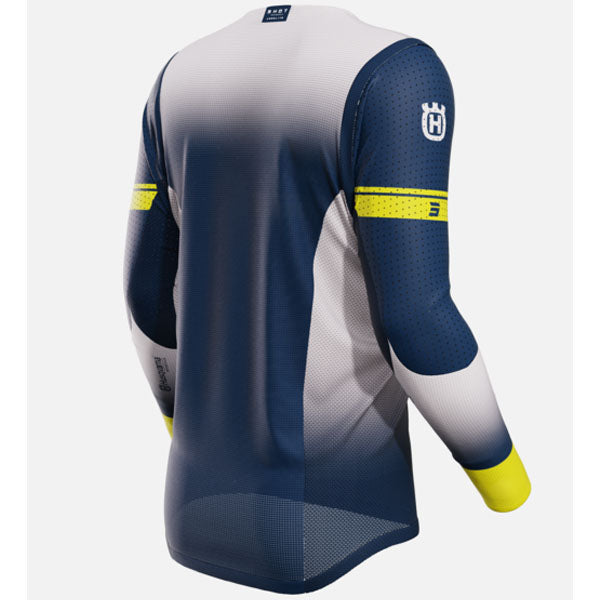 Shot Race Gear Aerolite Husqvarna LE jersey, blue—sport collar, drop-tail; men’s S–3XL (back).