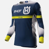 Shot Race Gear Aerolite Husqvarna LE jersey, blue—perforated pre-curved sleeves, vented mesh; men’s S–3XL (front).