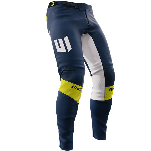 Shot Race Gear Aerolite Husqvarna LE pants, blue—leather heat guards, anti-mud zipper; men’s 32–40 (left side view).