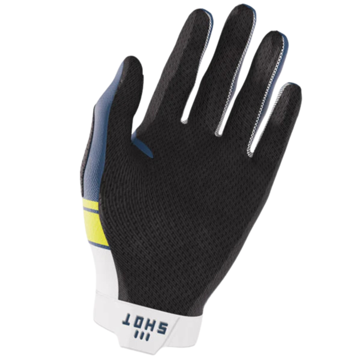Palm view of Shot Race Gear Lite Husqvarna LE gloves, blue—reinforced thumb and index, neoprene wrist; men’s S–3XL.