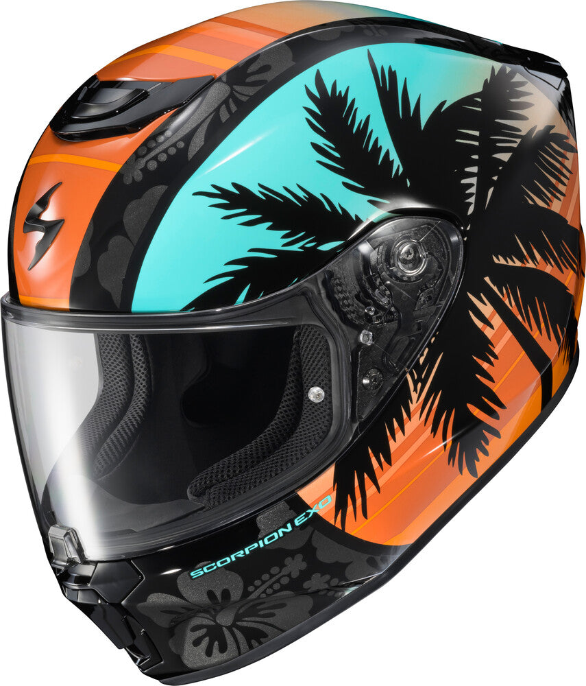 Scorpion EXO - EXO R330 Tubbs Helmet, front three-quarter view, color options: 2XL, LG, MD, SM, XL, sizes: Light Blue/Orange