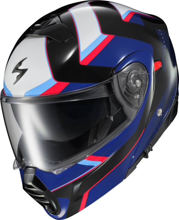 Morph Blue/Red, Scorpion EXO - EXO-GT930 Transformer Helmet, front three-quarter view, sizes: 2XL, 3XL, L, M, S, XL, color options: Morph Blue/Red, Morph Grey/Hi-Viz, Morph Orange, Morph Platinum