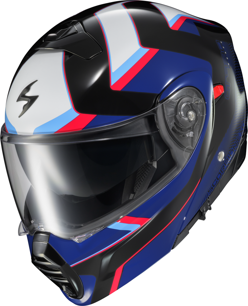 Morph Blue/Red, Scorpion EXO - EXO-GT930 Transformer Helmet, front three-quarter view, sizes: 2XL, 3XL, L, M, S, XL, color options: Morph Blue/Red, Morph Grey/Hi-Viz, Morph Orange, Morph Platinum