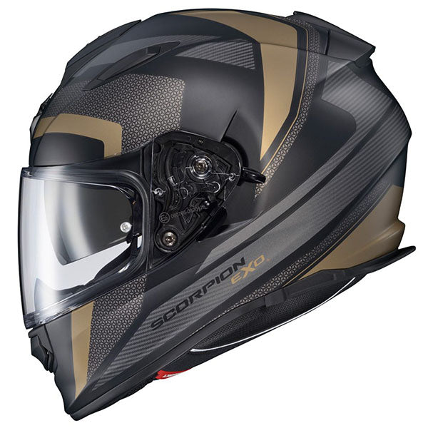 Scorpion EXO - Ryzer Evolution Helmet, motorcycle helmet, front three-quarter view, color options: 2XL, LG, MD, SM, XL, sizes: Gold, Hi-Viz, Phantom, Pink, Red