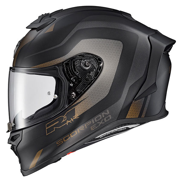 Scorpion EXO - EXO-R1 Air Hive Helmet, motorcycle helmet, front three-quarter view, color options: 2XL, LG, MD, SM, XL, sizes: Gold/Black, Red/Black, Red/White/Blue, White/Black