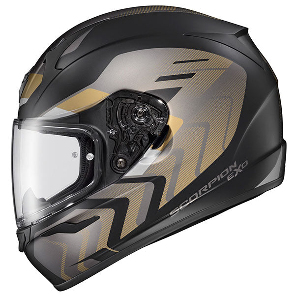 Scorpion EXO - EXO-R320 Alchemy Helmet, front three-quarter view, color options: 2XL, LG, MD, SM, XL, sizes: Black/Gold/Grey, Cement/Blue/Hi-Viz, Phantom, White/Blue/Hi-Viz, White/Blue/Red, White/Purple