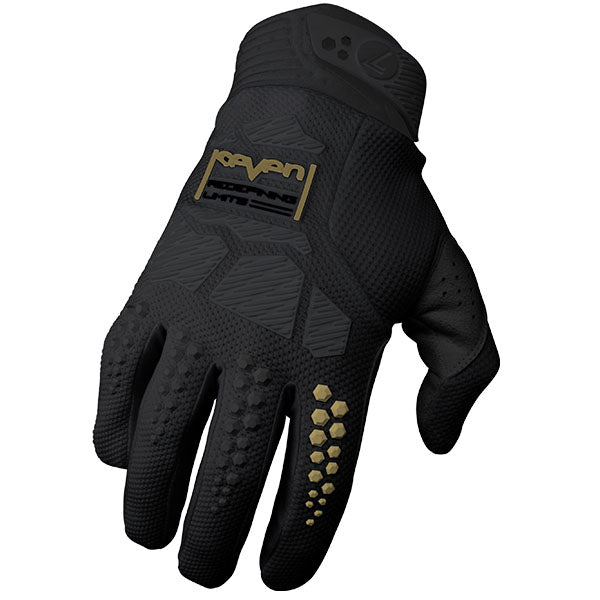 Product image of Seven MX  0009 RIVAL.Glove.BlackGold motocross gloves showing fit, construction, and colorway | Available at BTO Sports