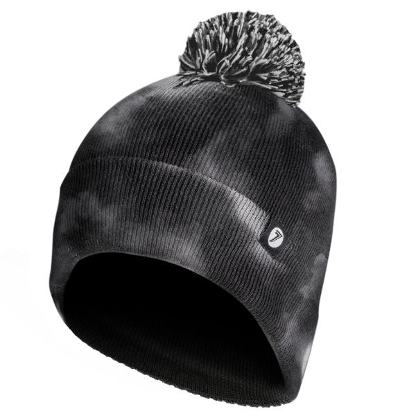 Black knit beanie with pom-pom on a white background